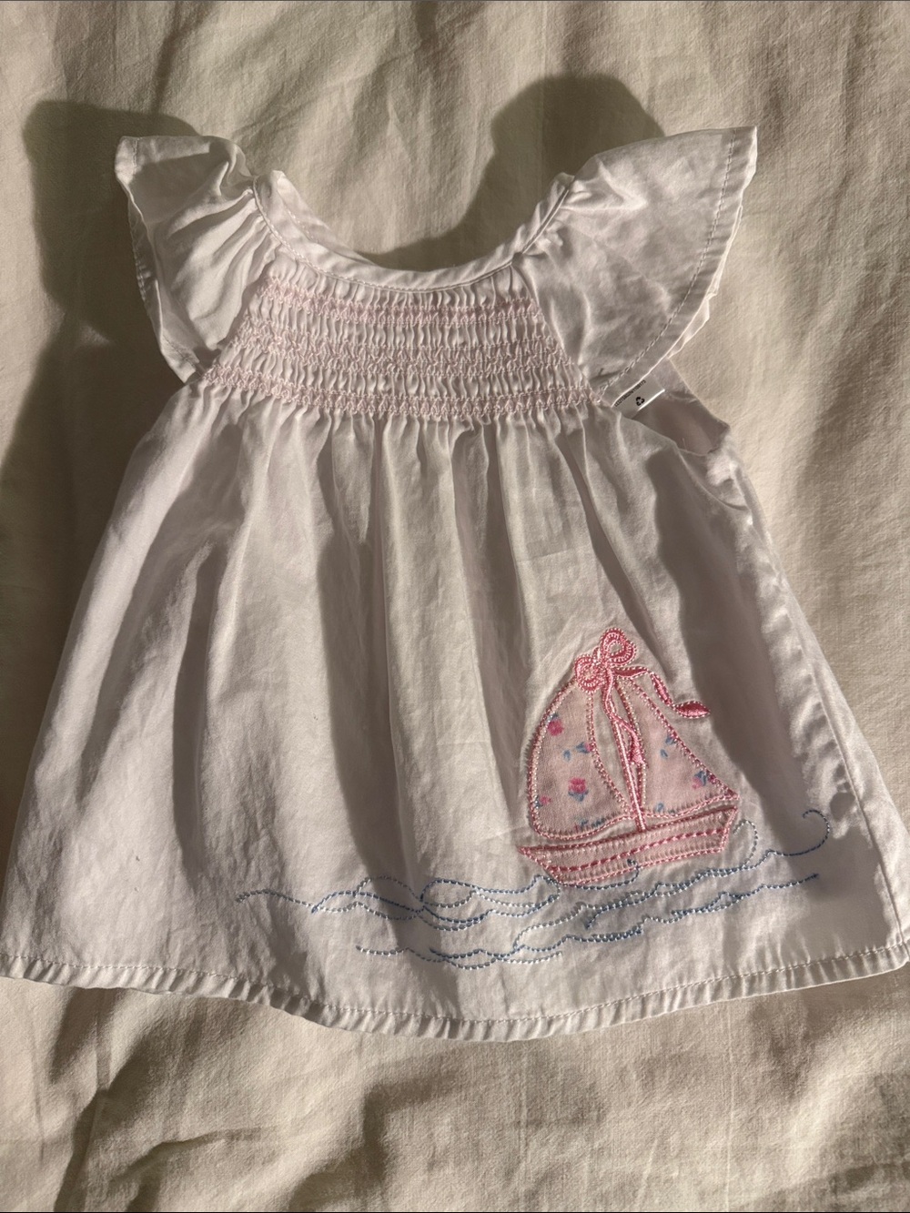 Little Me White Smocked Top with Pink Sailboat Appliqué